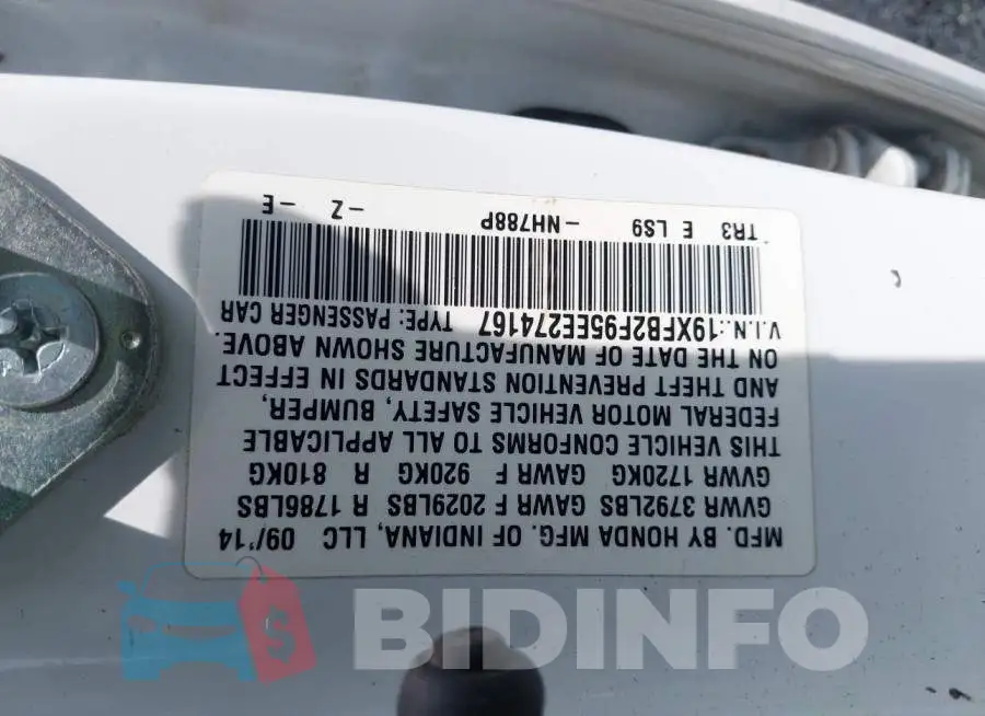 19XFB2F95EE274167 Photo# 9