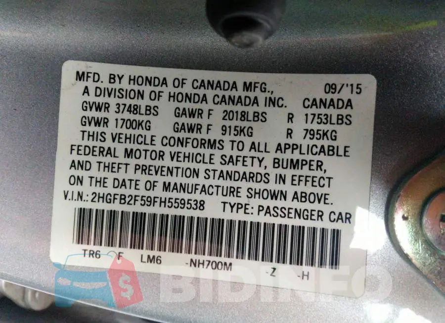 2HGFB2F59FH559538 Photo# 9