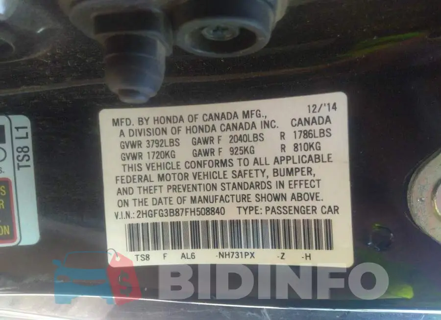 2HGFG3B87FH508840 Photo# 9
