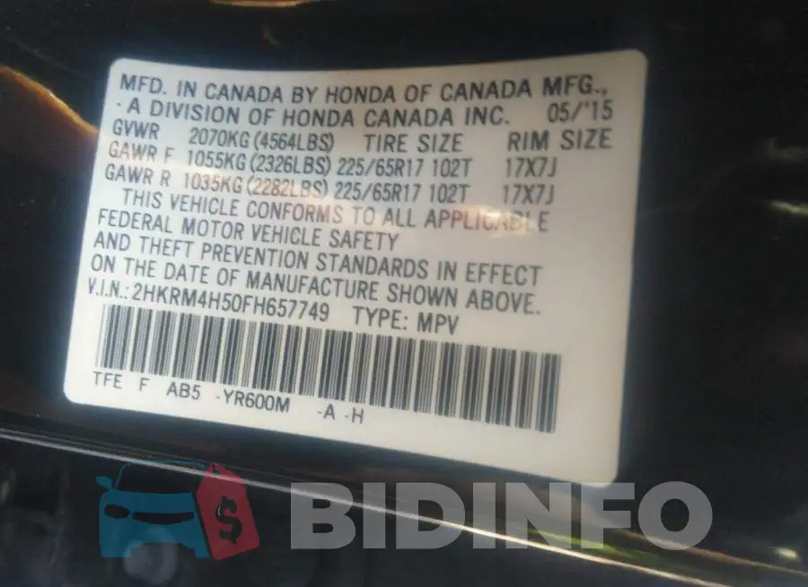 2HKRM4H50FH657749 Photo# 9