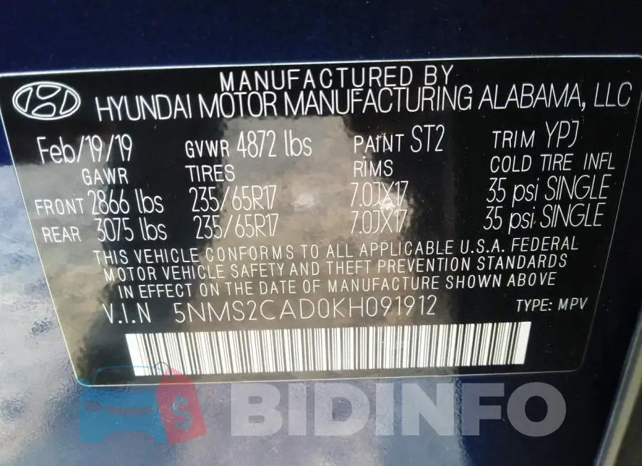 5NMS2CAD0KH091912 Photo# 9