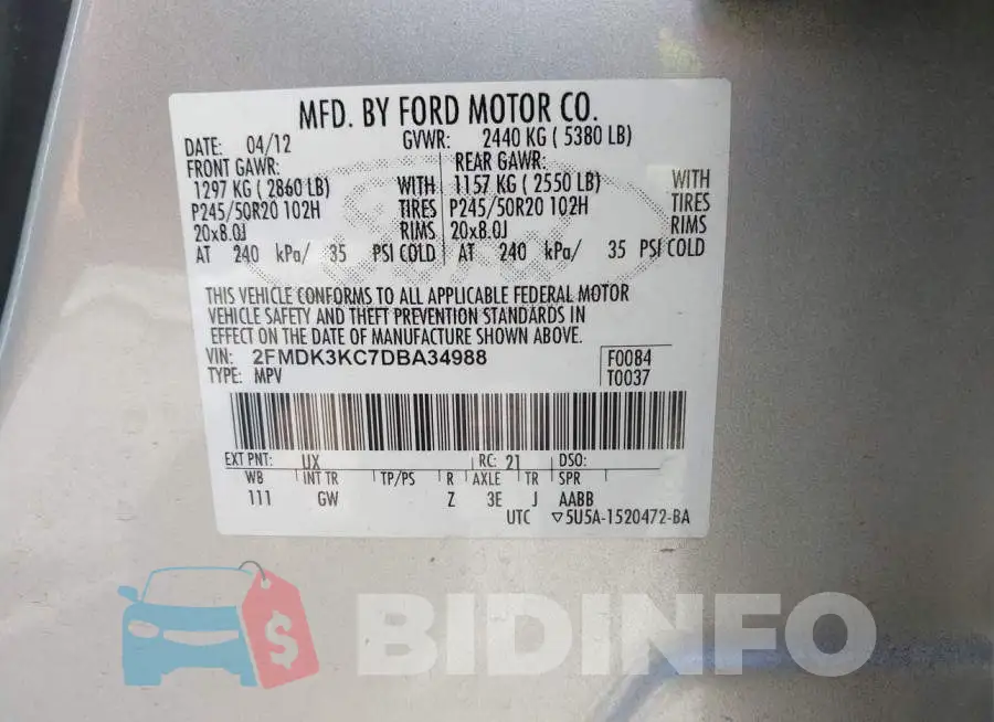 2FMDK3KC7DBA34988 Photo# 9