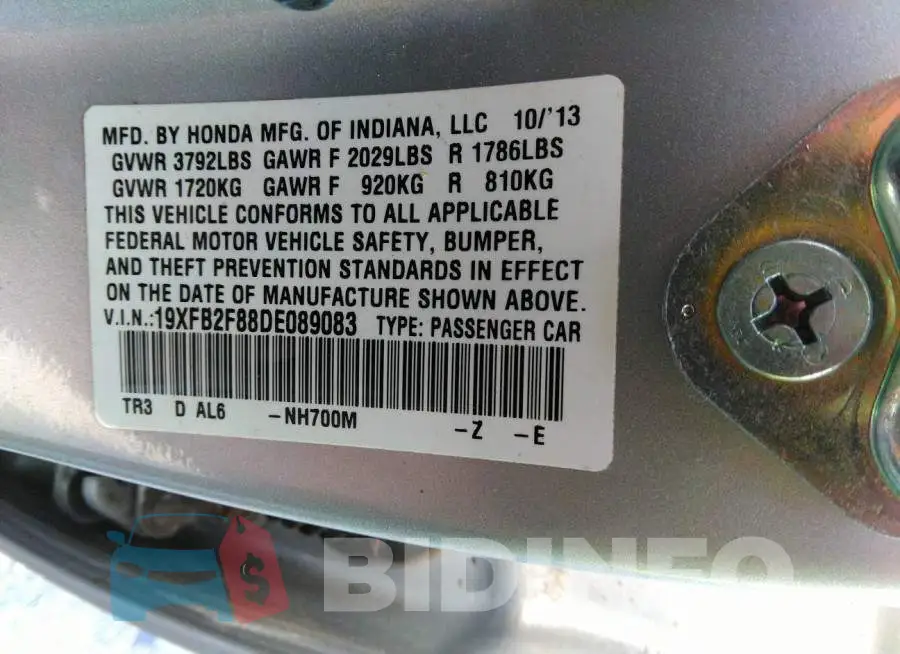 19XFB2F88DE089083 Photo# 9