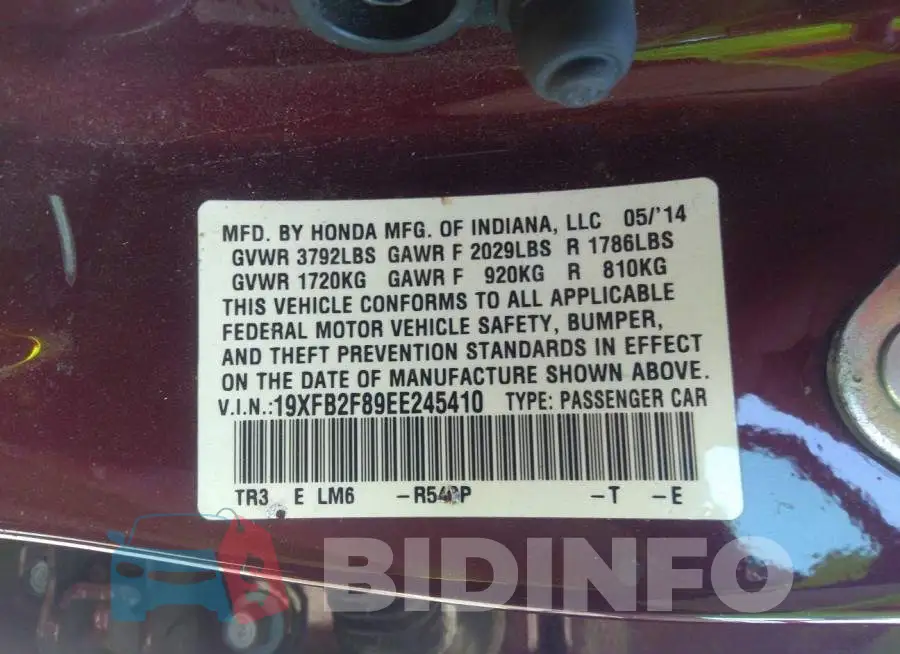 19XFB2F89EE245410 Photo# 9