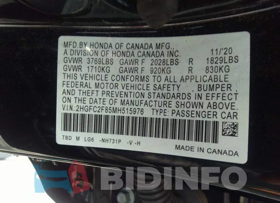 2HGFC2F85MH515976 Photo# 9