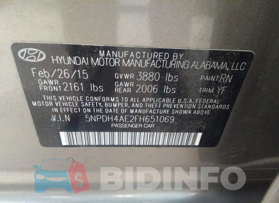 5NPDH4AE2FH651069 Photo# 9