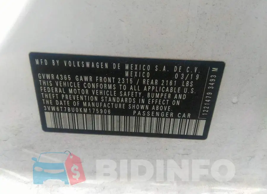 3VW6T7BU0KM175906 Photo# 9