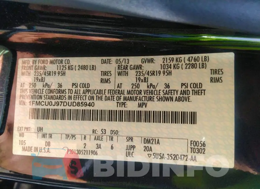 1FMCU0J97DUD85940 Photo# 9