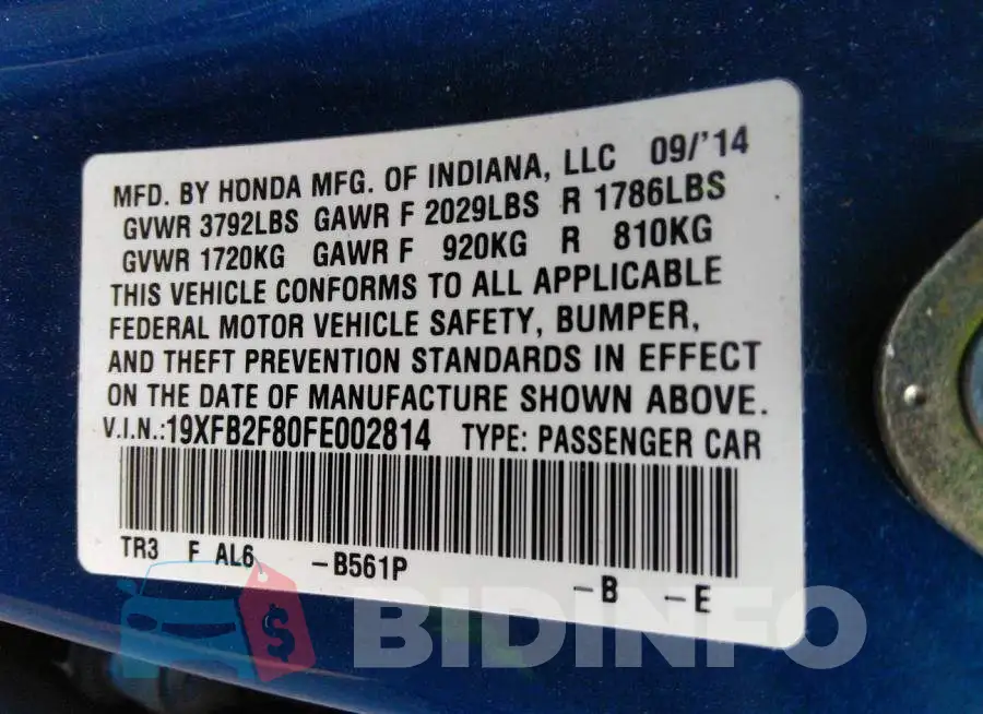 19XFB2F80FE002814 Photo# 9