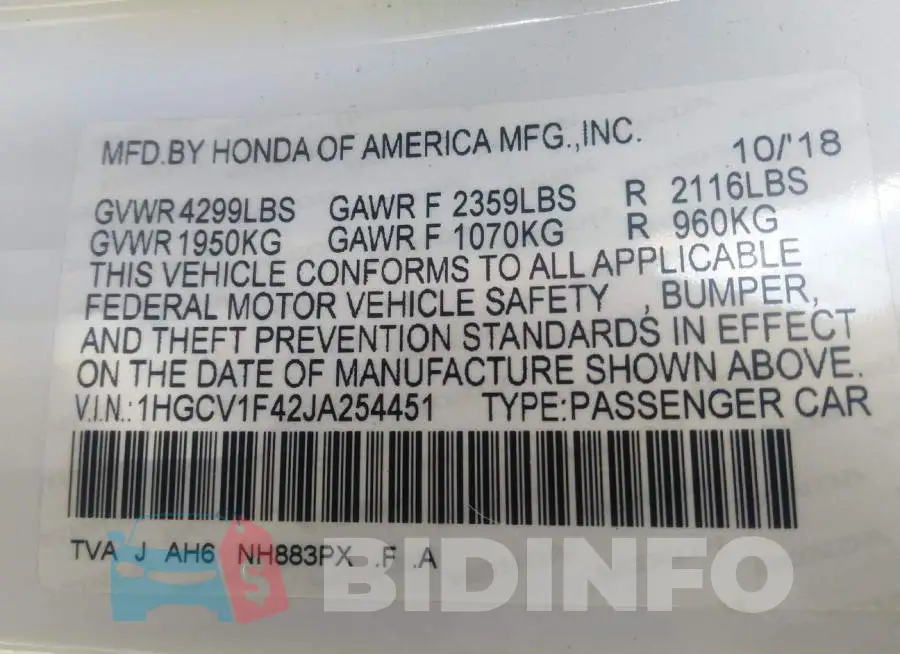 1HGCV1F42JA254451 Photo# 9