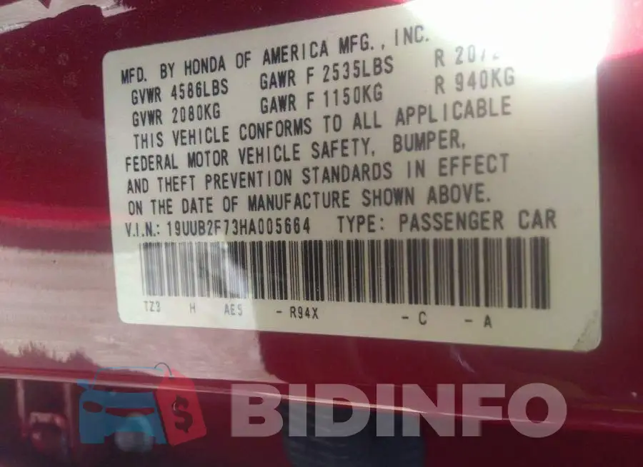 19UUB2F73HA005664 Photo# 9