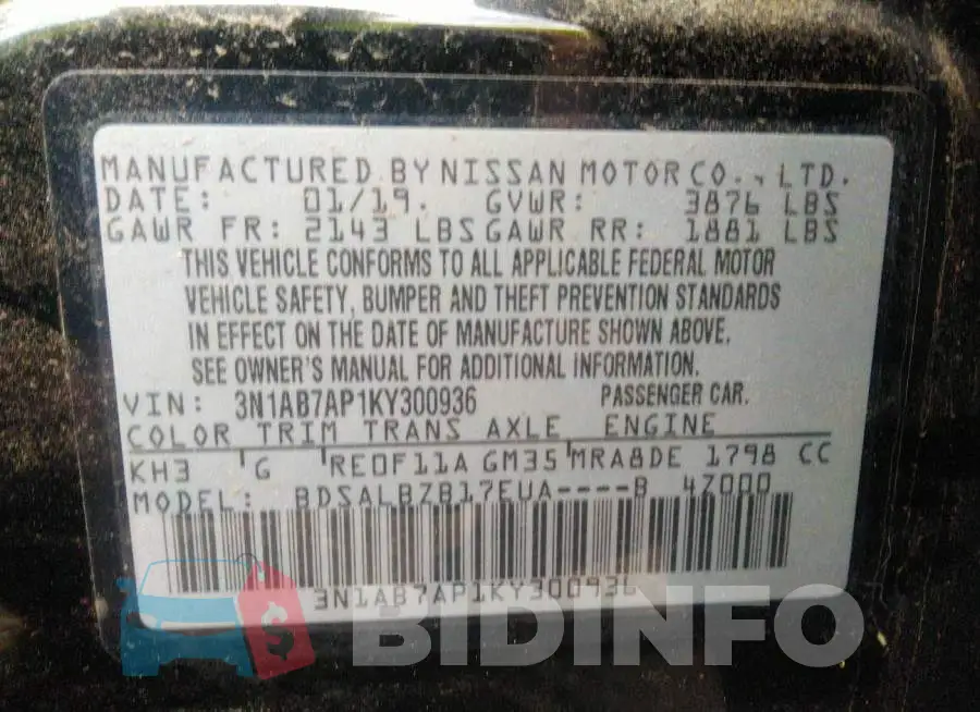 3N1AB7AP1KY300936 Photo# 9