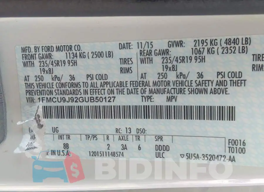 1FMCU9J92GUB50127 Photo# 9