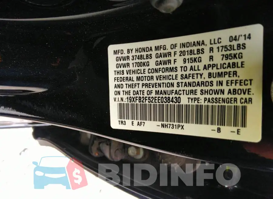 19XFB2F52EE038430 Photo# 9