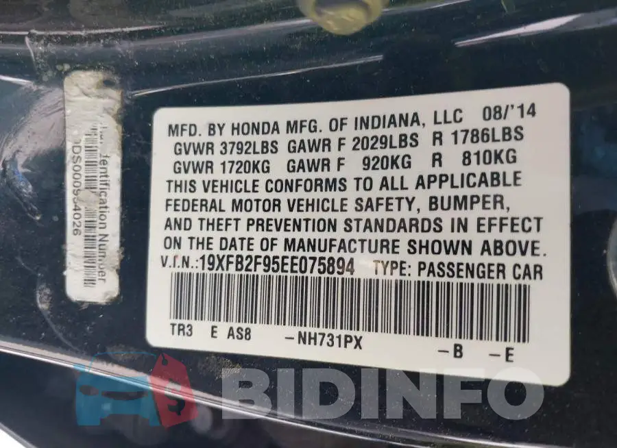 19XFB2F95EE075894 Photo# 9