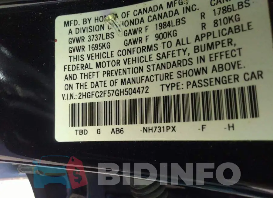 2HGFC2F57GH504472 Photo# 9