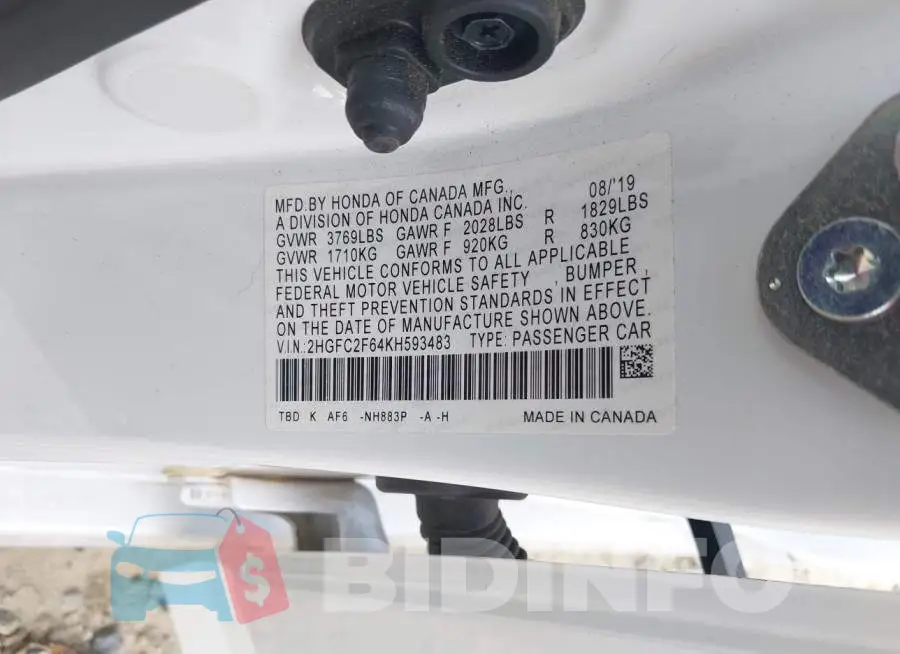 2HGFC2F64KH593483 Photo# 8