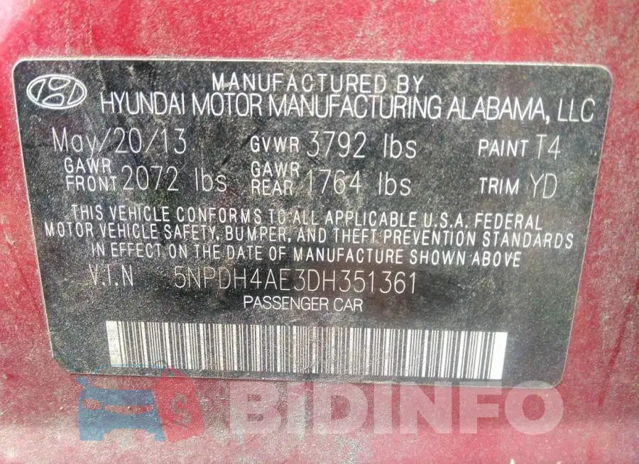 5NPDH4AE3DH351361 Photo# 9