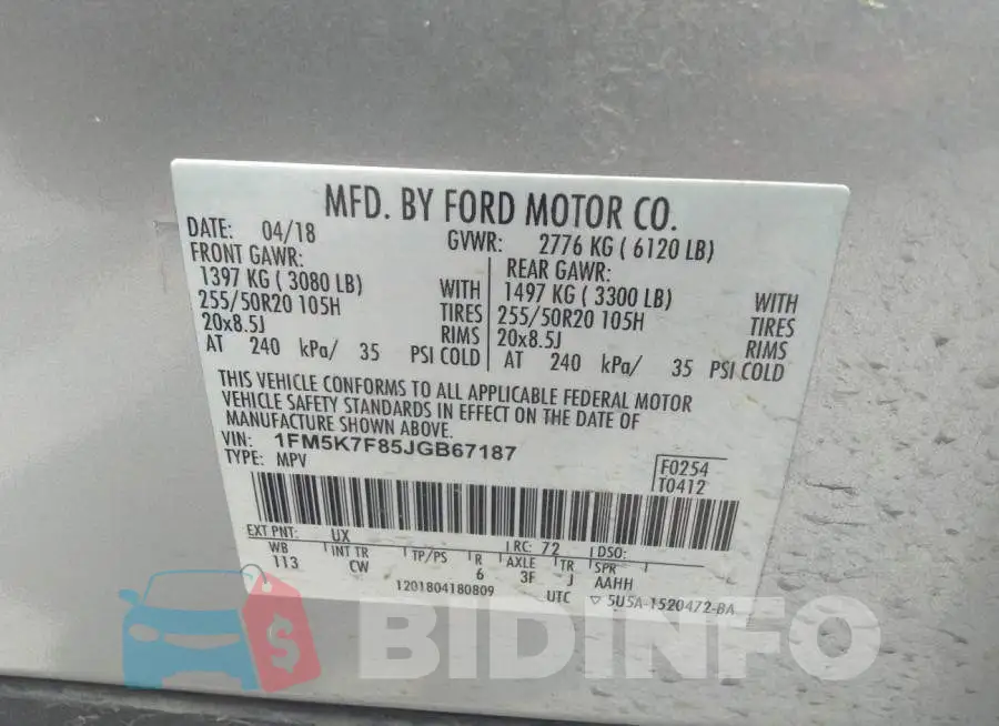 1FM5K7F85JGB67187 Photo# 9