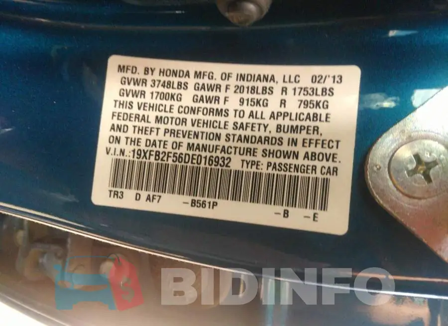 19XFB2F56DE016932 Photo# 9