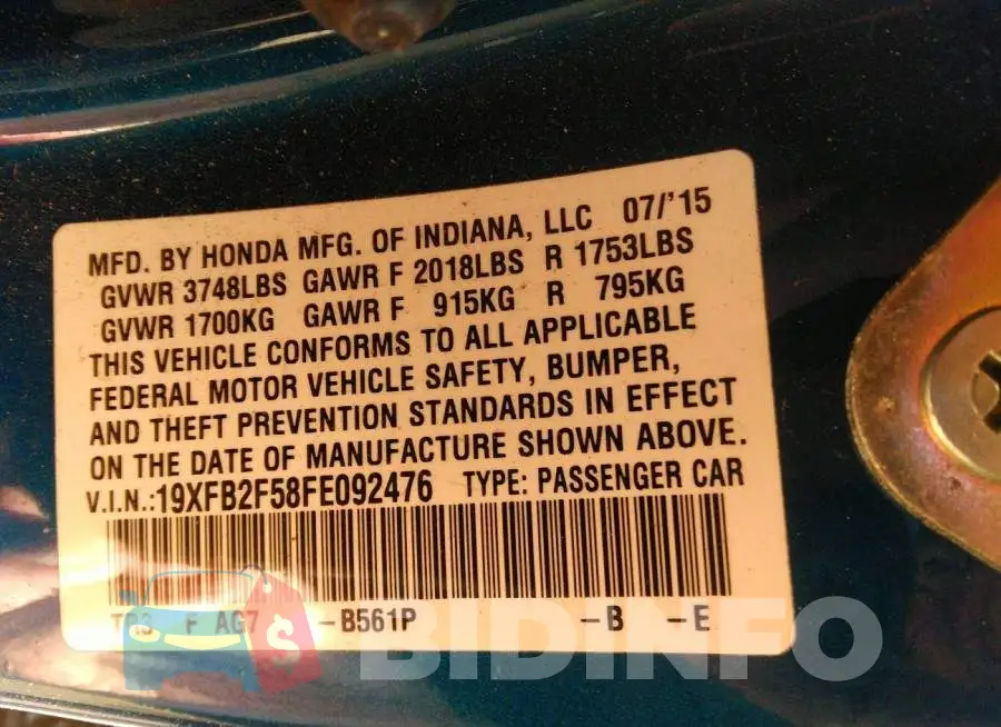 19XFB2F58FE092476 Photo# 9