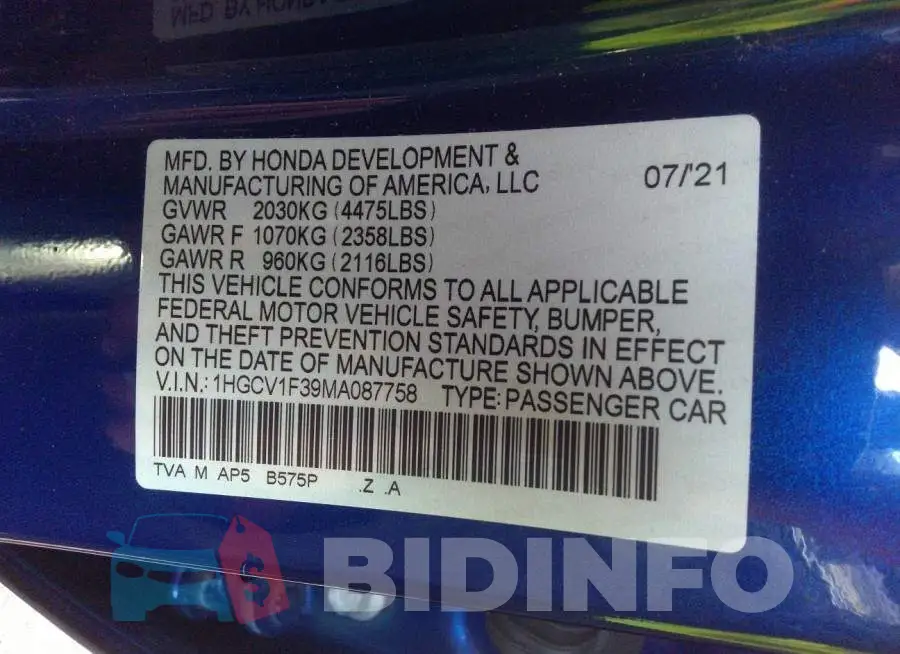 1HGCV1F39MA087758 Photo# 9