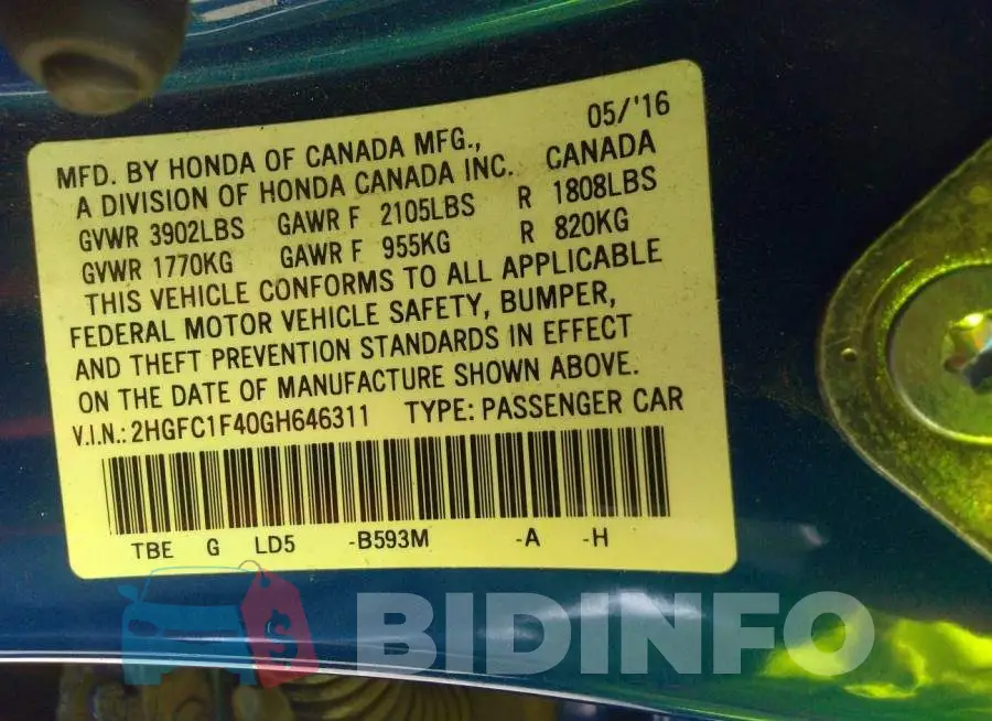 2HGFC1F40GH646311 Photo# 9