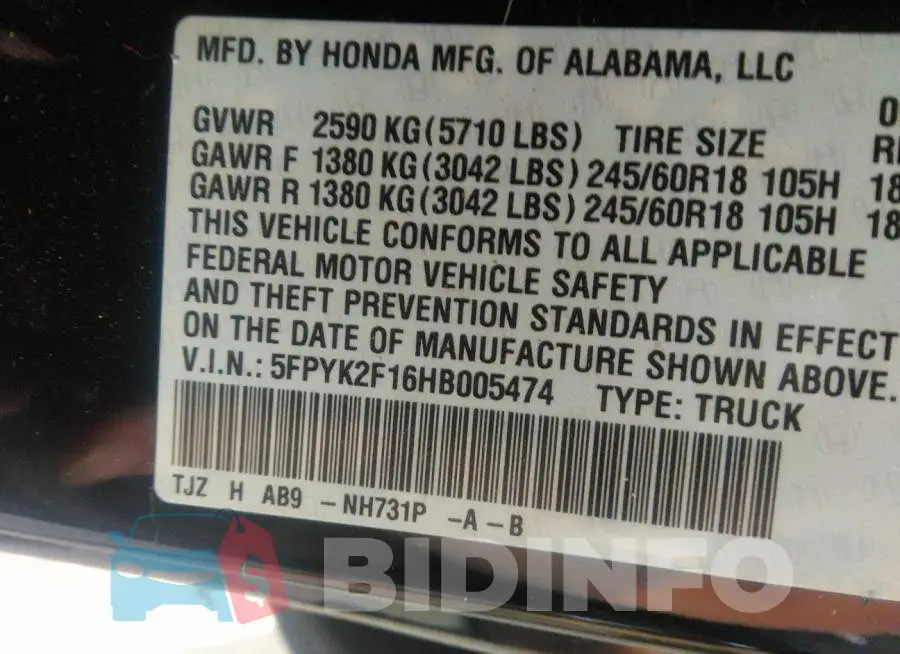 5FPYK2F16HB005474 Photo# 9