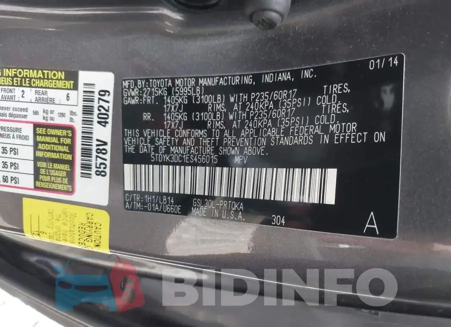 5TDYK3DC1ES456015 Photo# 9