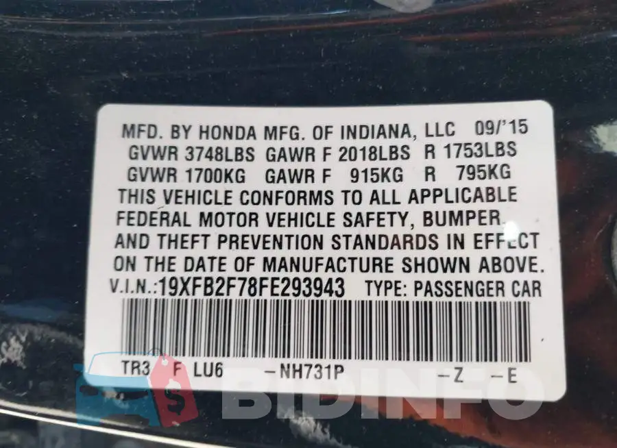19XFB2F78FE293943 Photo# 9