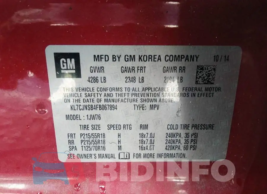 KL7CJNSB4FB067894 Photo# 9