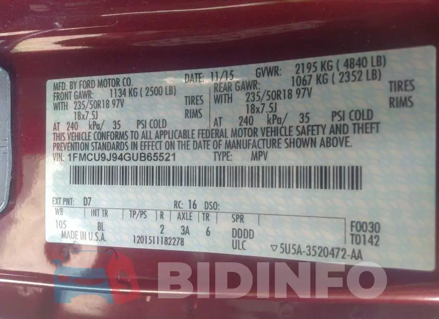 1FMCU9J94GUB65521 Photo# 9