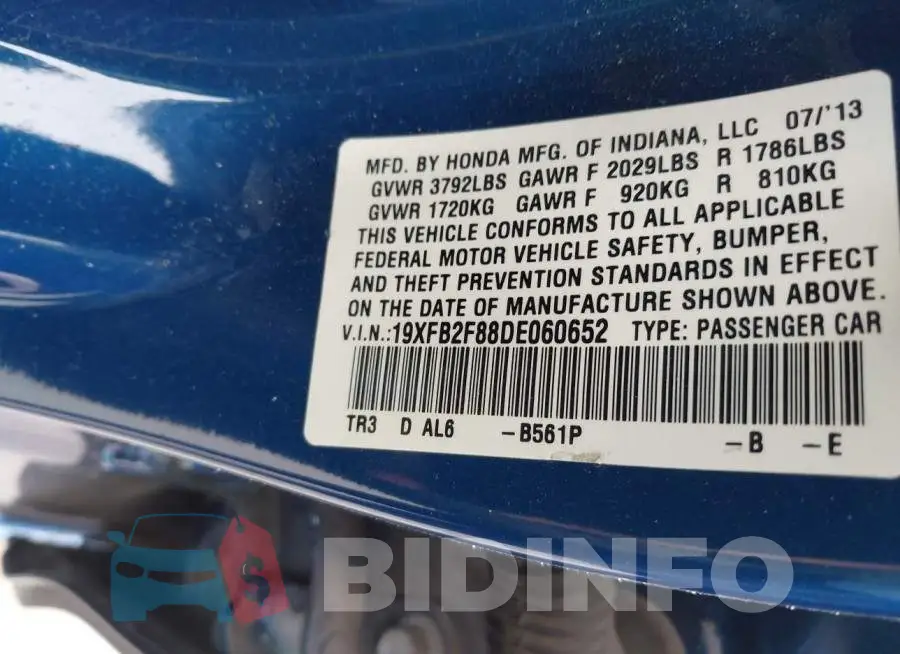 19XFB2F88DE060652 Photo# 9