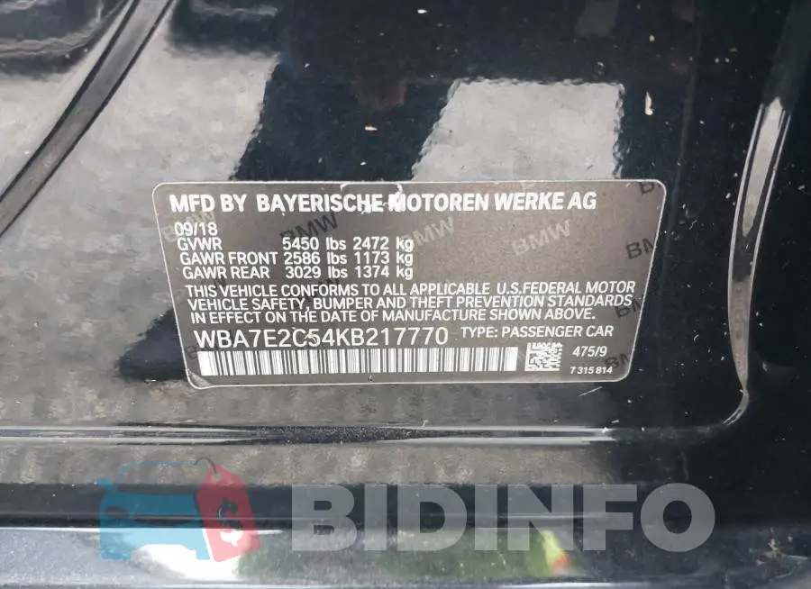 WBA7E2C54KB217770 Photo# 9