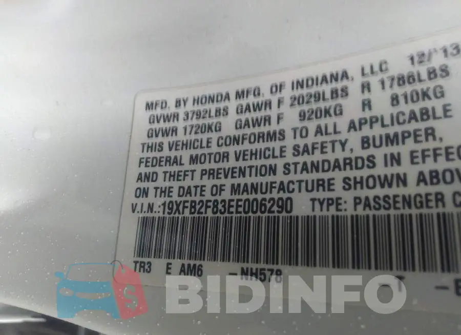 19XFB2F83EE006290 Photo# 9