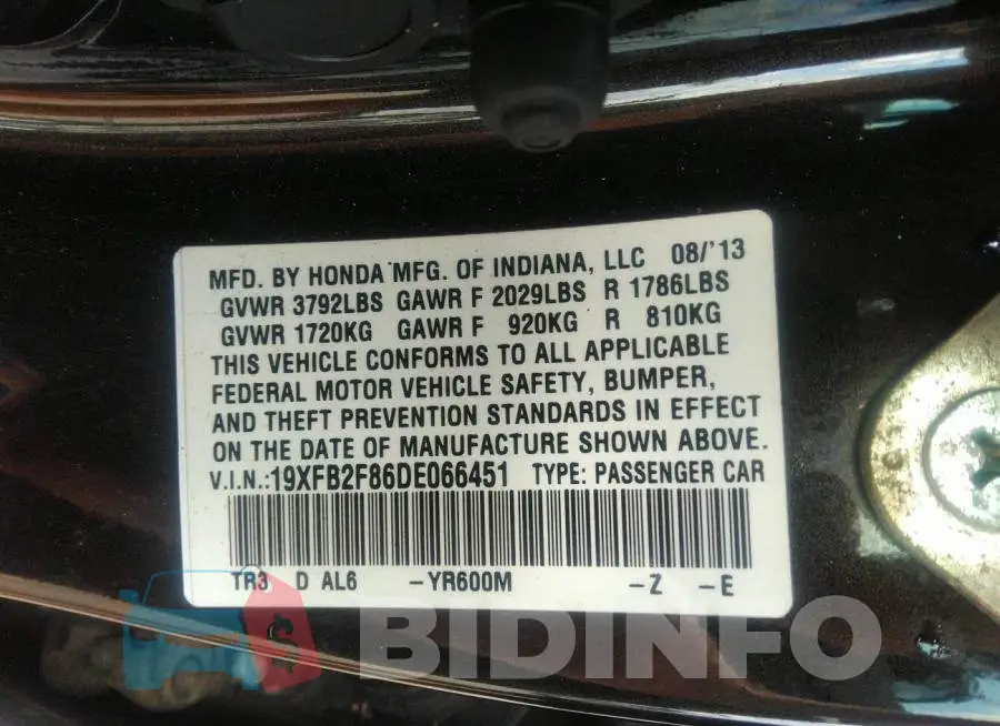 19XFB2F86DE066451 Photo# 9