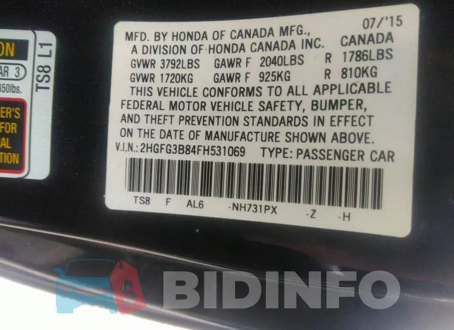 2HGFG3B84FH531069 Photo# 9