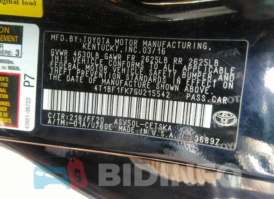 4T1BF1FK7GU215542 Photo# 9