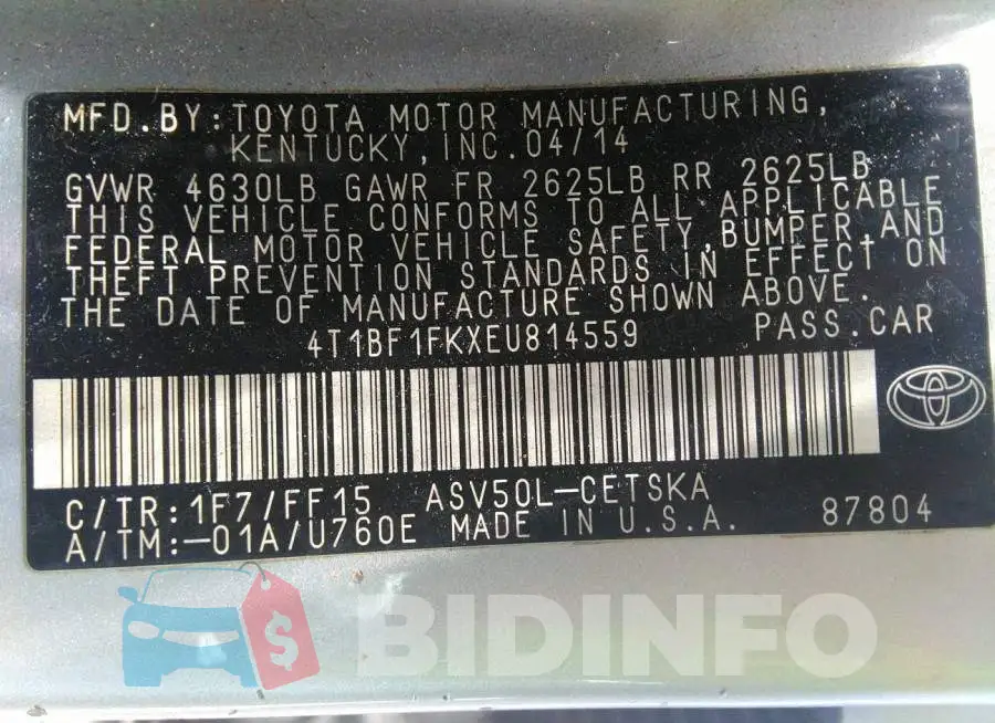 4T1BF1FKXEU814559 Photo# 9