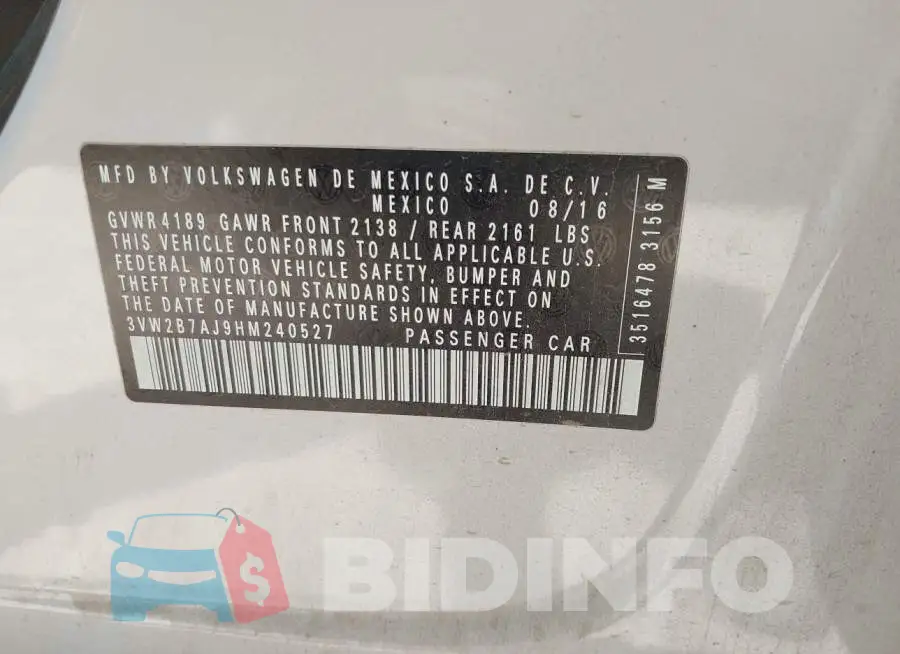 3VW2B7AJ9HM240527 Photo# 9