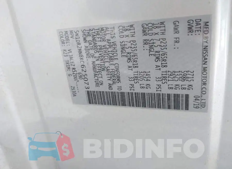 5N1DR2MN8KC625073 Photo# 9
