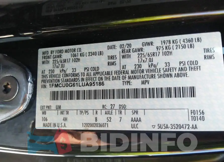 1FMCU0G61LUA95186 Photo# 9