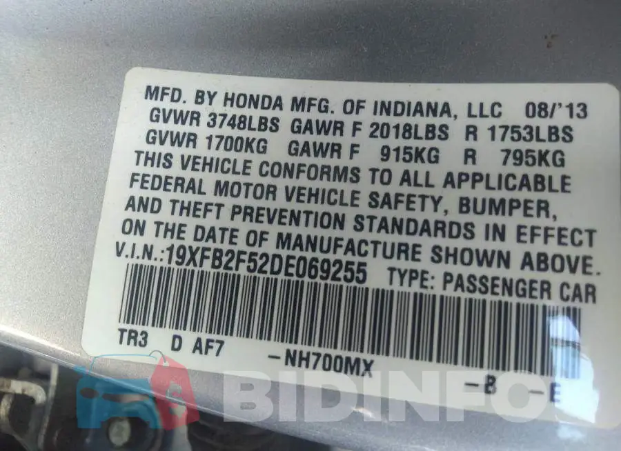 19XFB2F52DE069255 Photo# 9