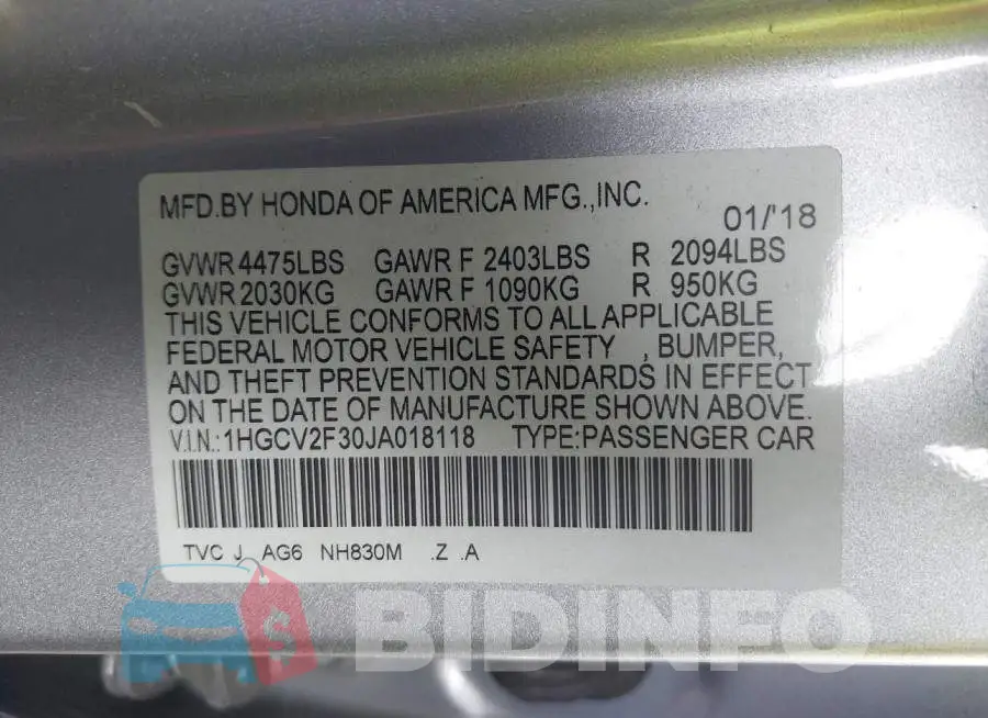 1HGCV2F30JA018118 Photo# 9