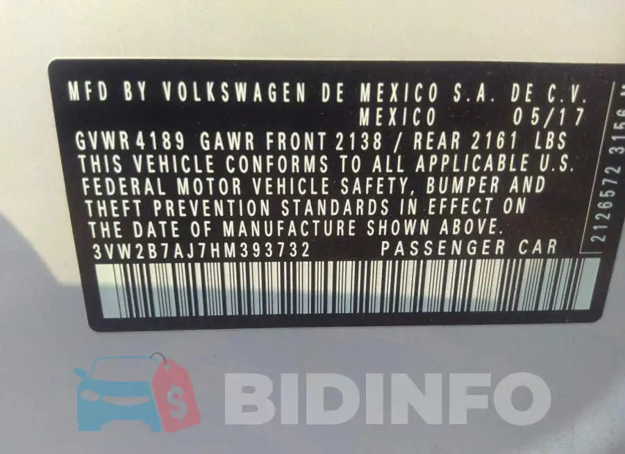 3VW2B7AJ7HM393732 Photo# 9