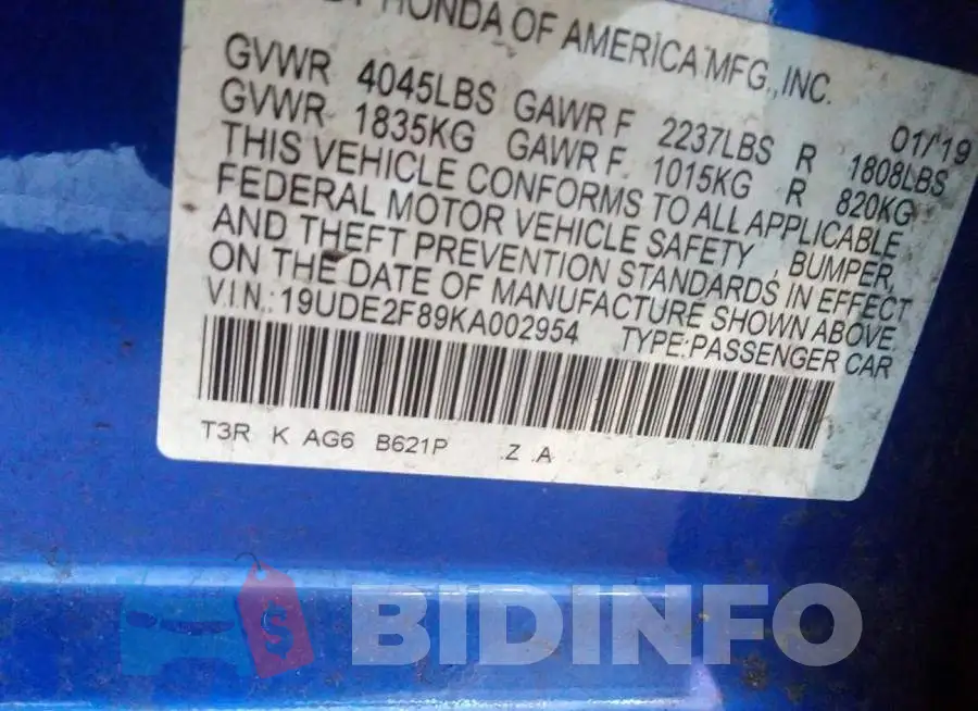 19UDE2F89KA002954 Photo# 9