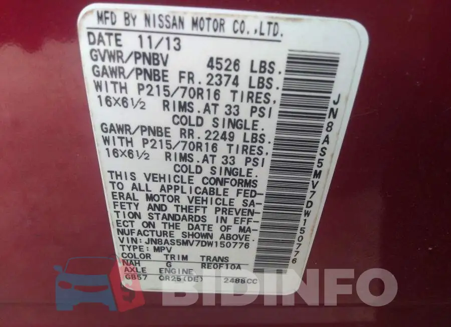 JN8AS5MV7DW150776 Photo# 9