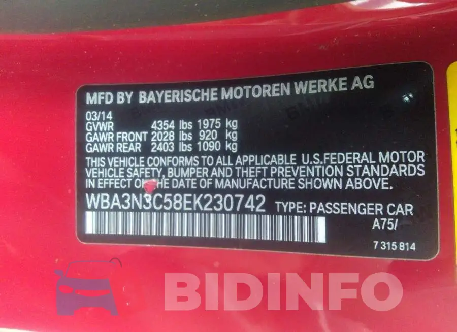 WBA3N3C58EK230742 Photo# 9