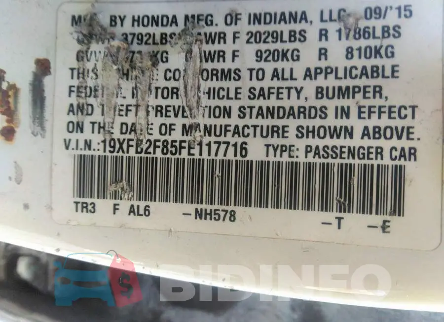 19XFB2F85FE117716 Photo# 9