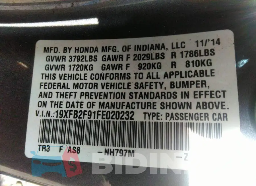 19XFB2F91FE020232 Photo# 9